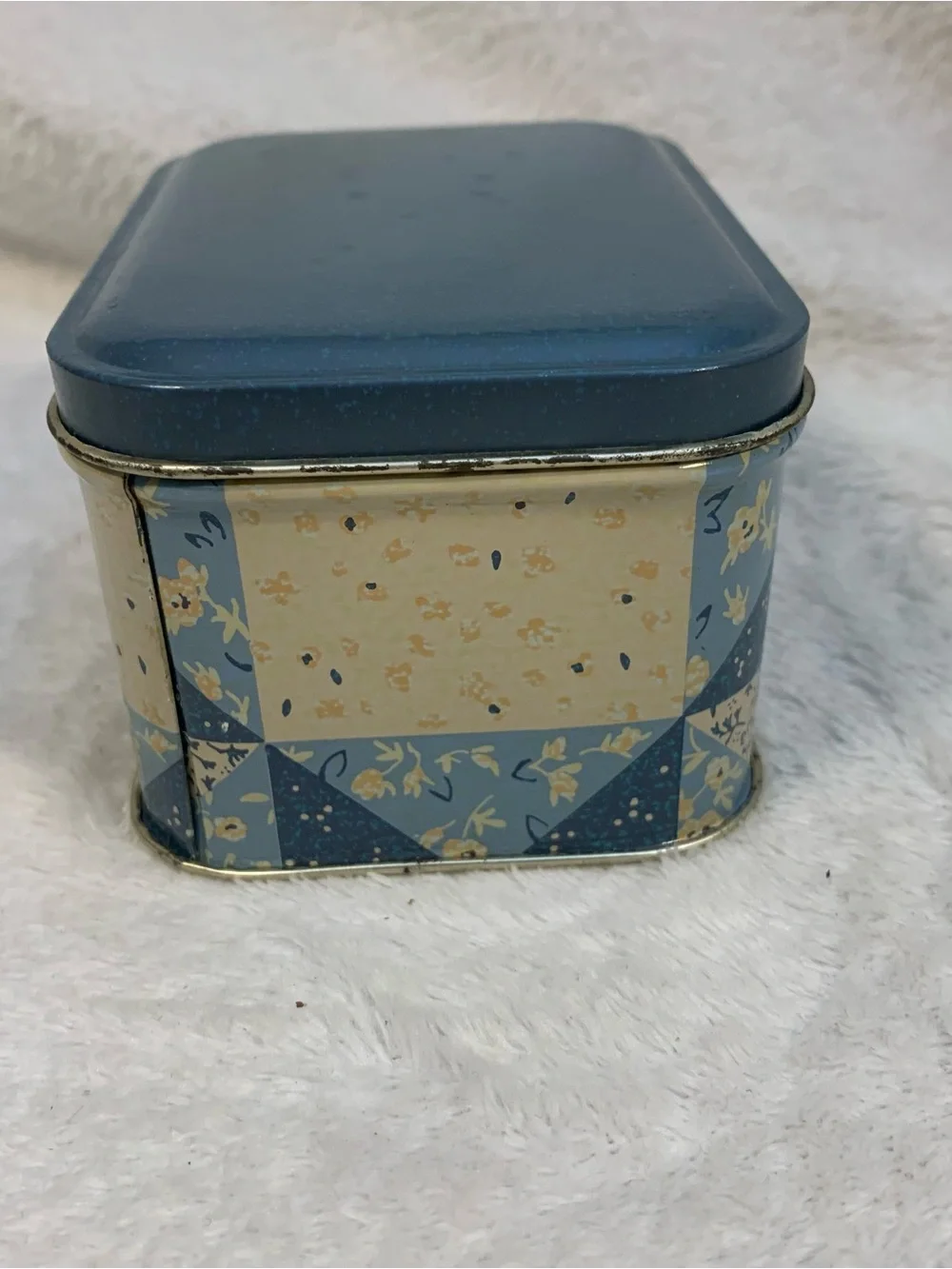 Vintage Blue Patchwork Cottagecore Country Farmhouse Decorative Tin Storage Box